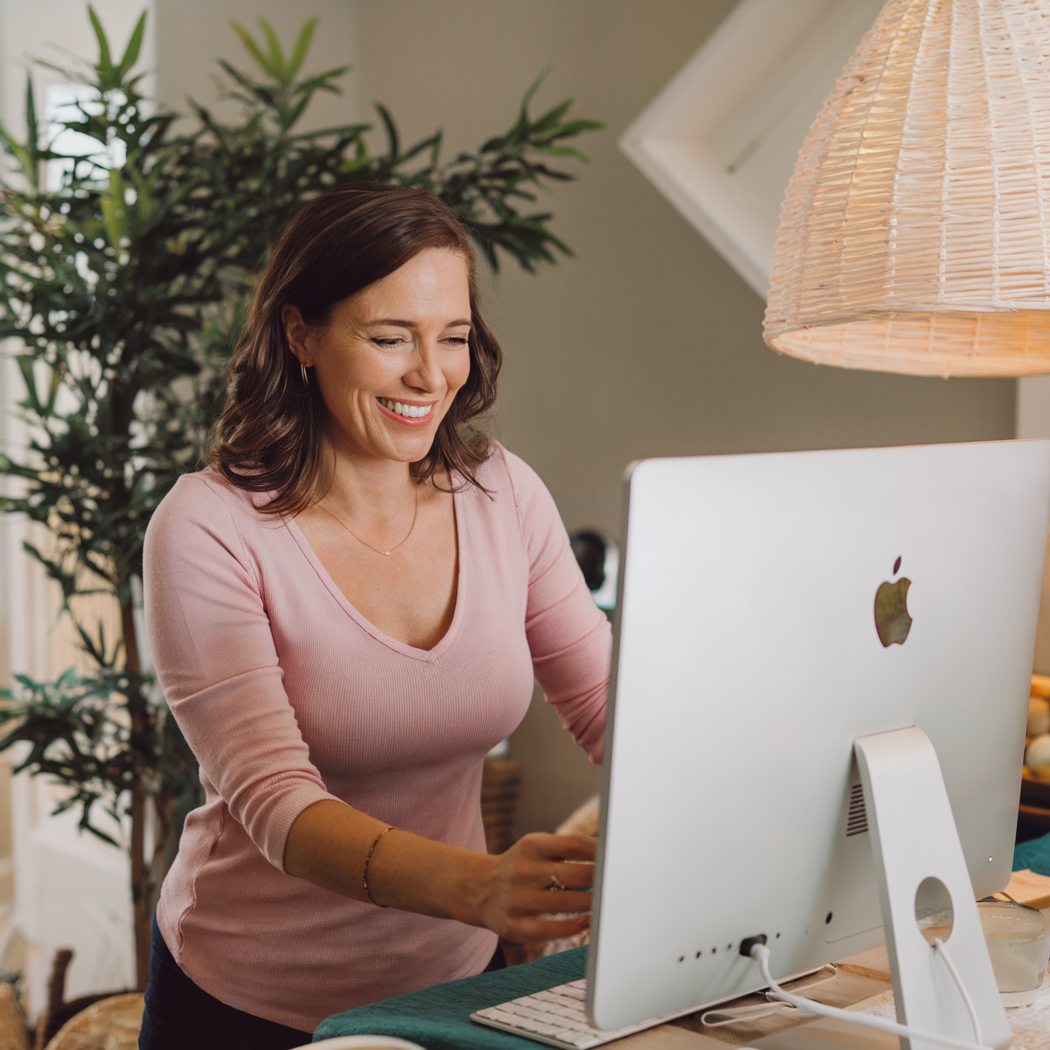 Photo d'une femme blanche de 40 ans aux cheveux bruns, vêtue d'un haut rose et debout devant un Apple iMac chez elle afin de s'acheter un cadeau. La femme est souriante (heureuse de commander), reflétant un sentiment de bien-être