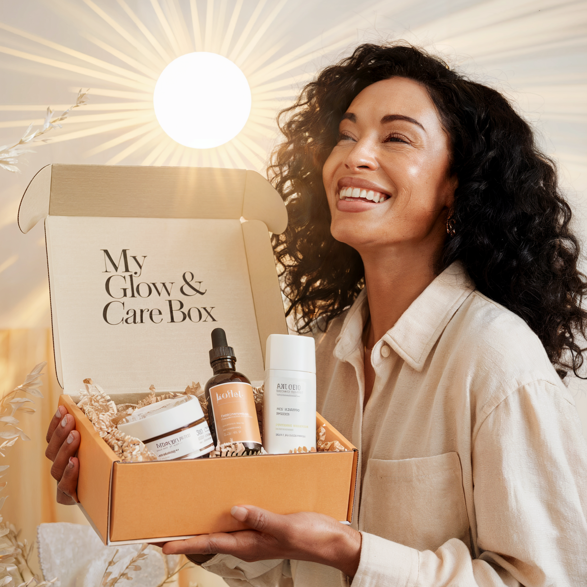 Femme africaine de 45 ans, souriante, devant une élégante My Glow & Care Box contenant 2 produits, un livret et du papier de soie